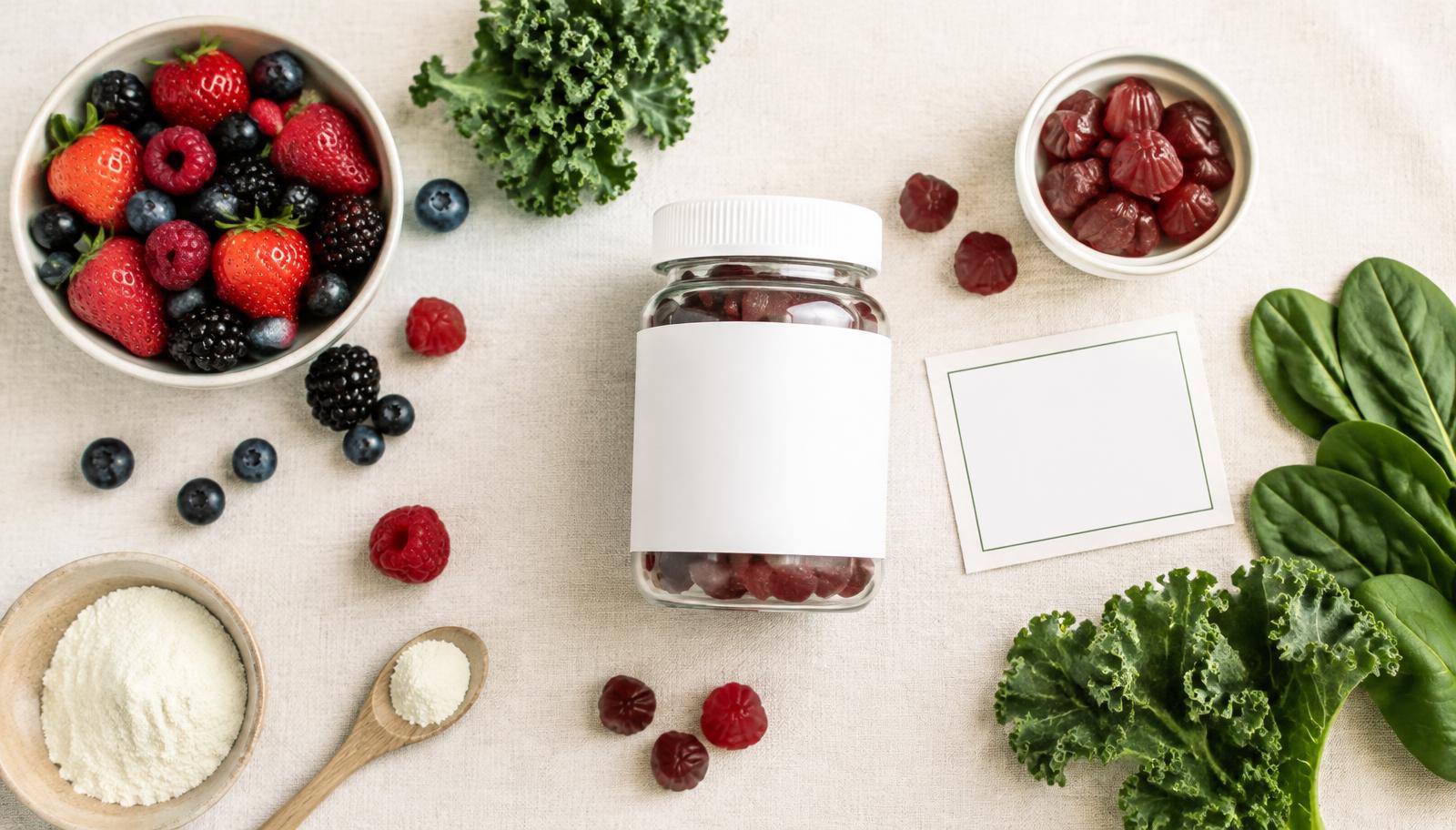 Plant-based hair gummies in a jar surrounded by berries and leafy greens on a linen backdrop