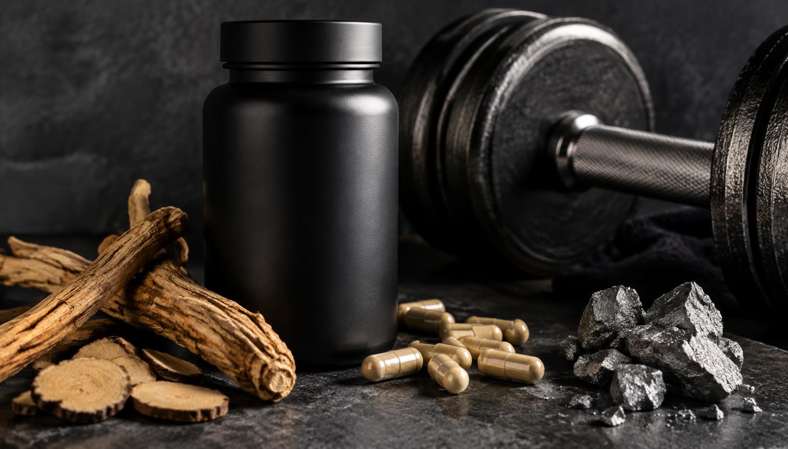 Black supplement bottle with capsules, dried tongkat ali root, zinc mineral pieces and a dumbbell on a dark slate surface