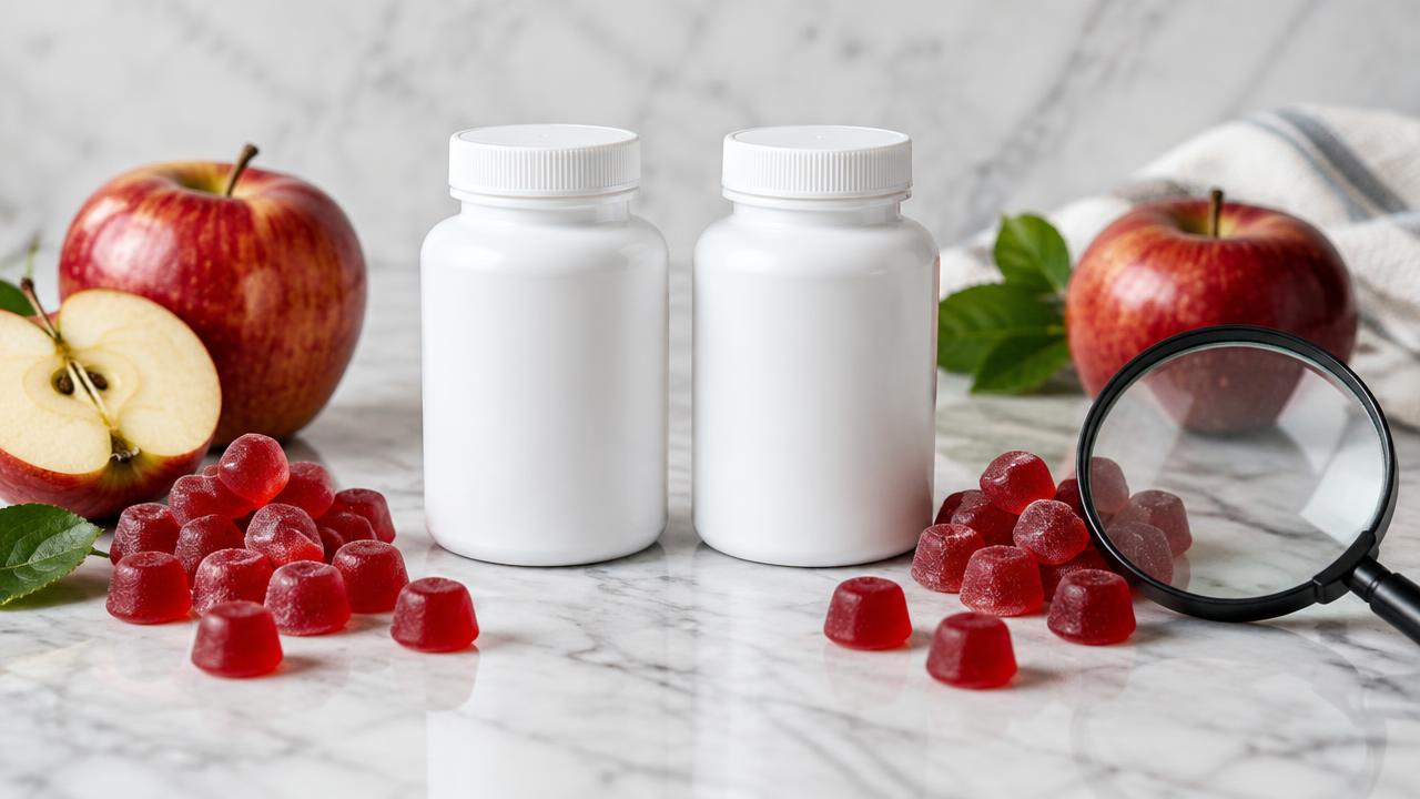Two plain supplement bottles with red gummies, apples and a magnifying glass on marble