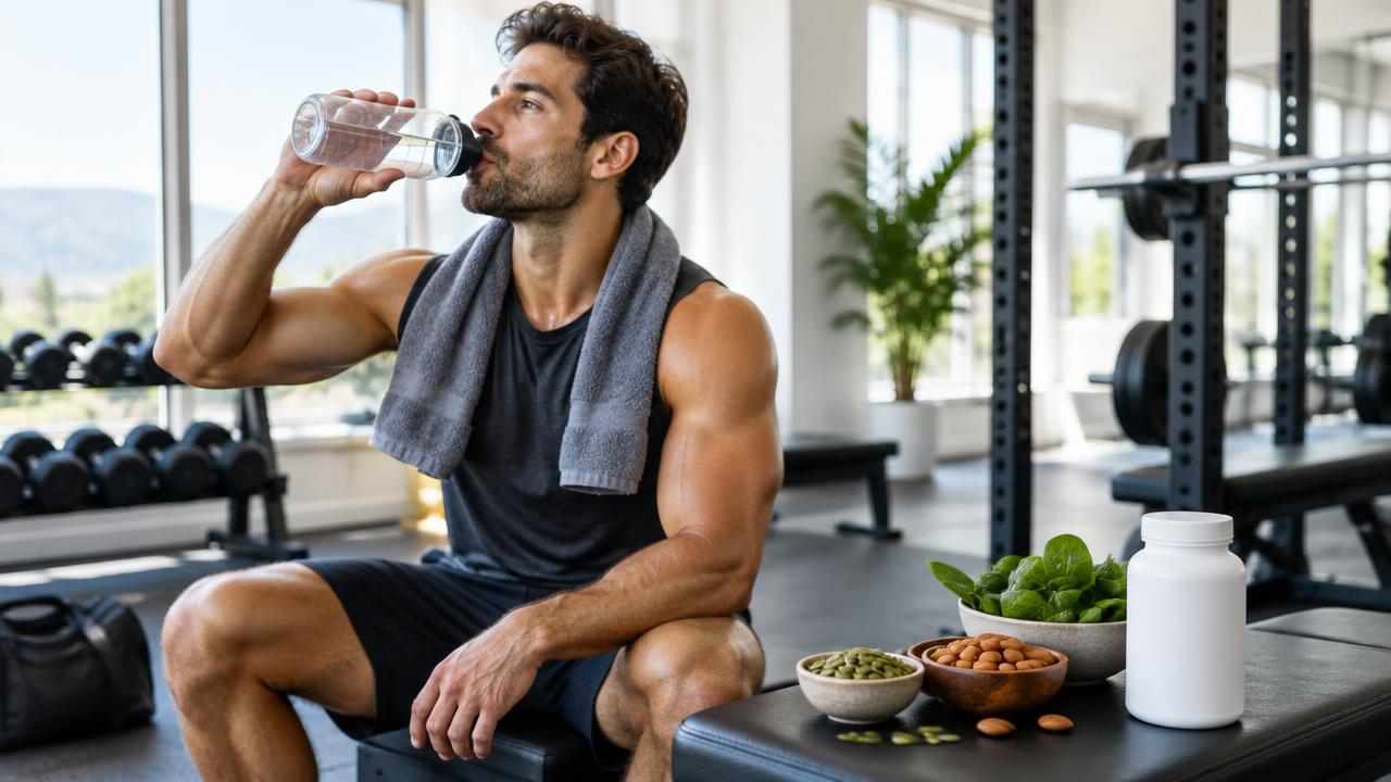 Fit man drinking water in a gym beside pumpkin seeds, almonds and spinach