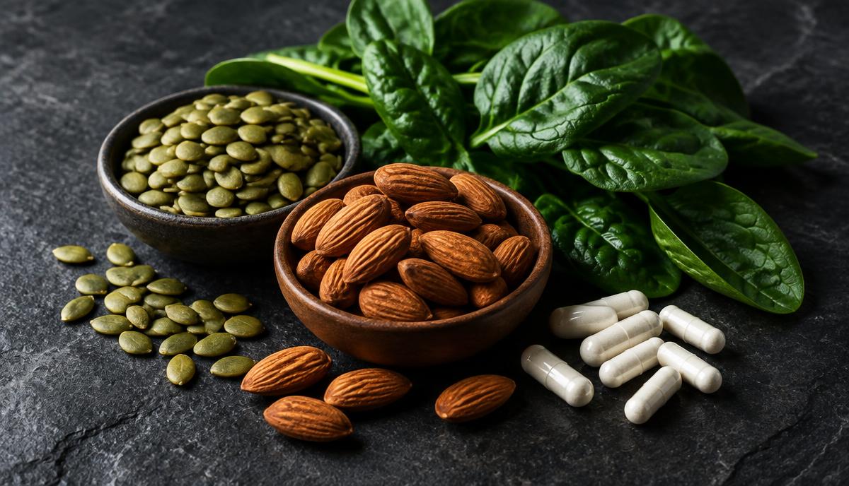 Pumpkin seeds, almonds, spinach and white mineral capsules on dark stone representing zinc and magnesium